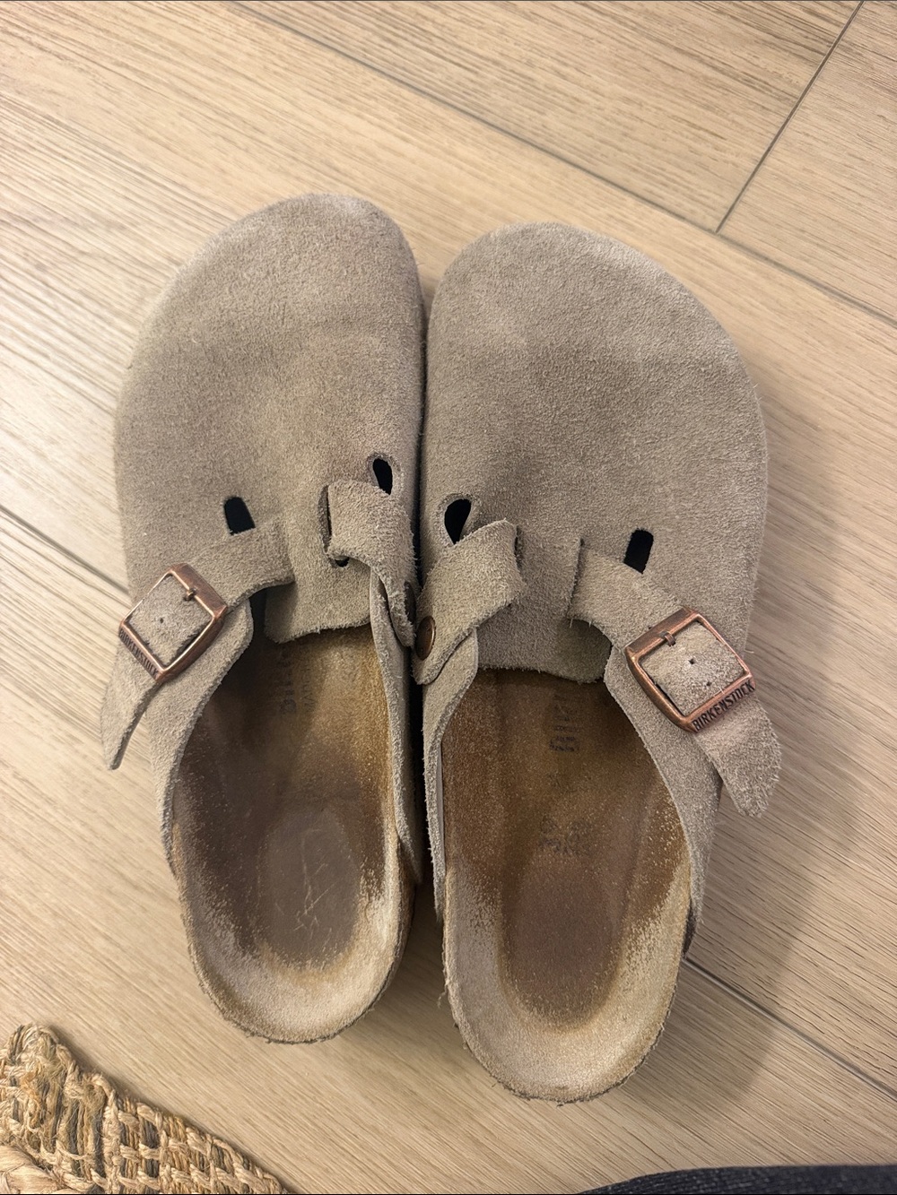 Birkenstock Suede Clogs in Taupe with Rose Gold Buckles